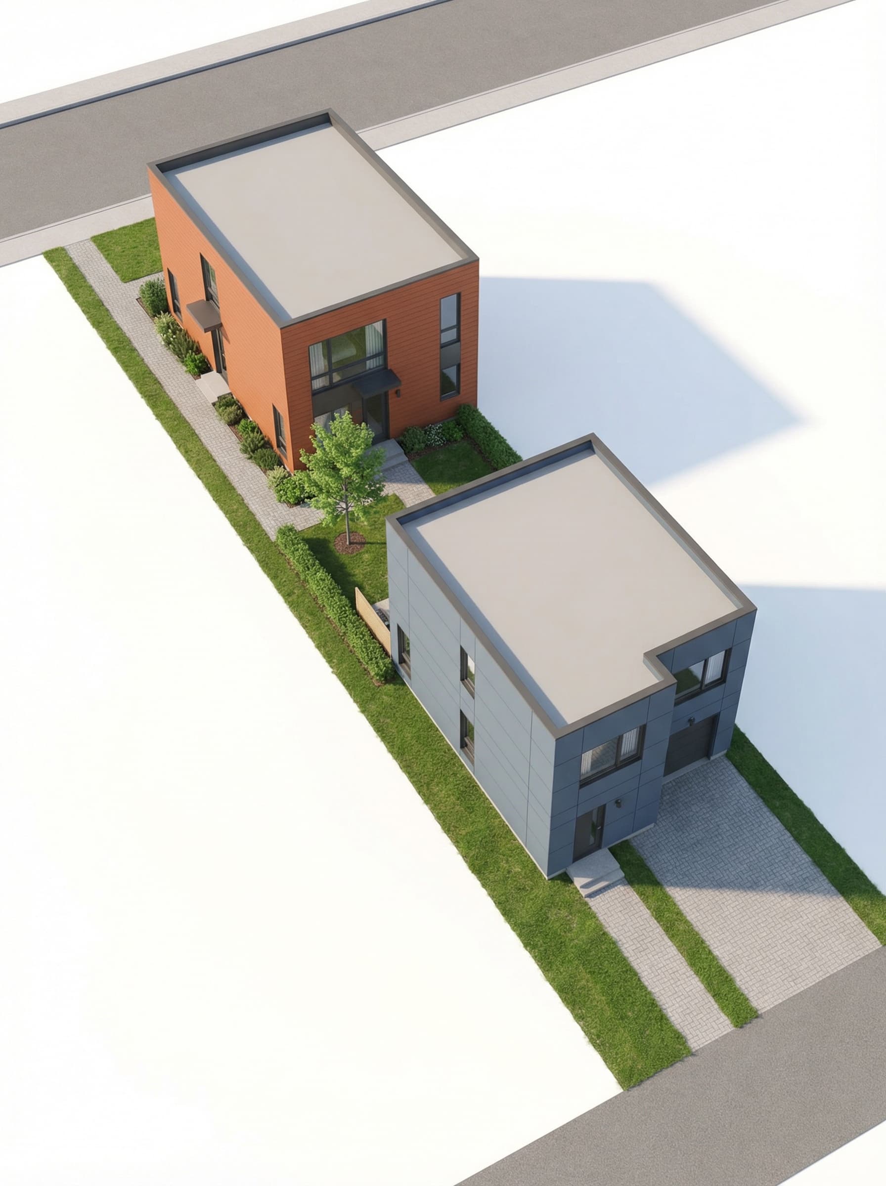 Site plan of a front-to-back duplex on a Vancouver lot: front unit faces street, rear unit faces lane, with private garden between