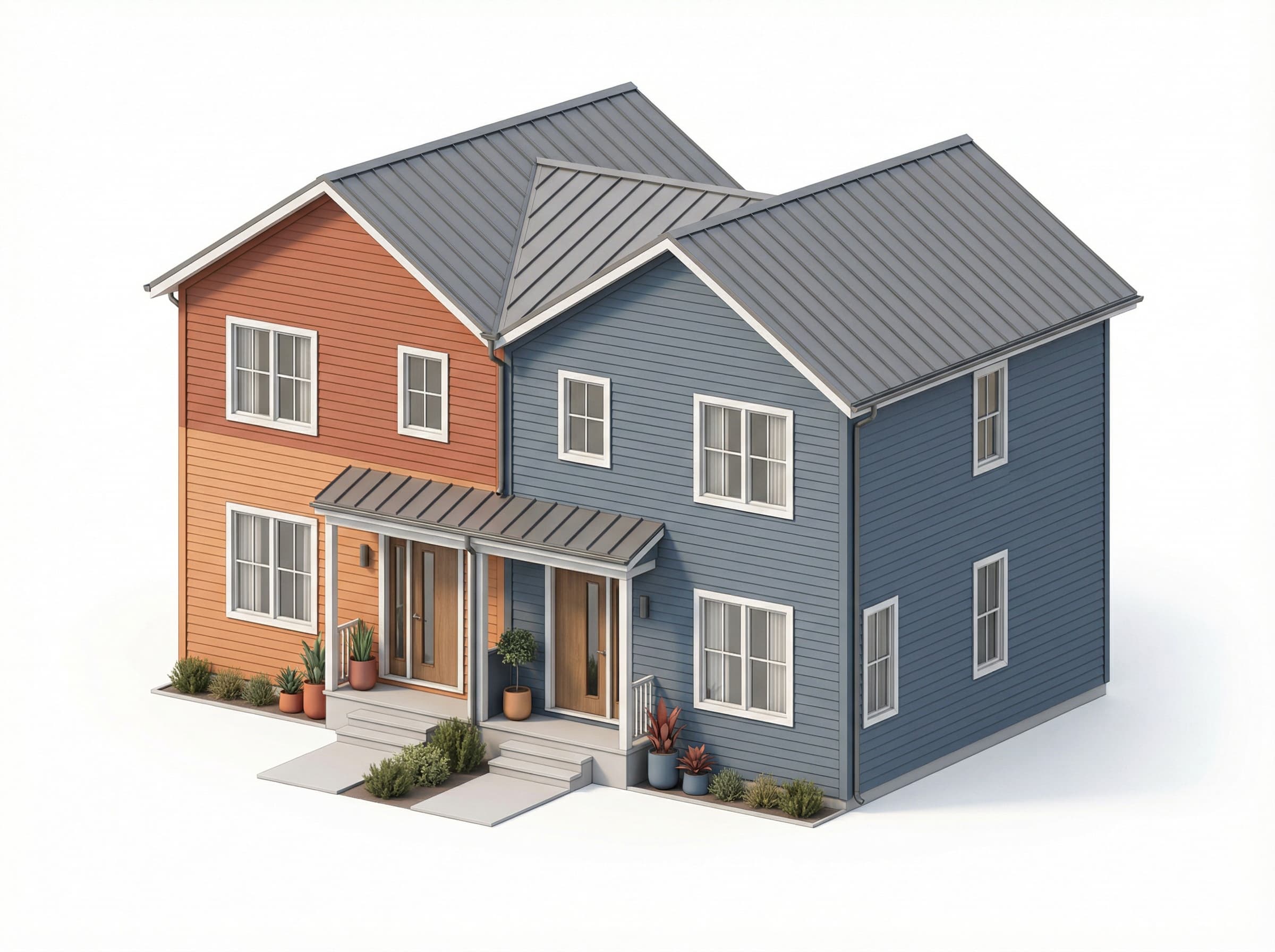 Architectural front elevation of a side-by-side duplex: two 2-storey units in terracotta and slate blue sharing a central party wall, each with its own front door