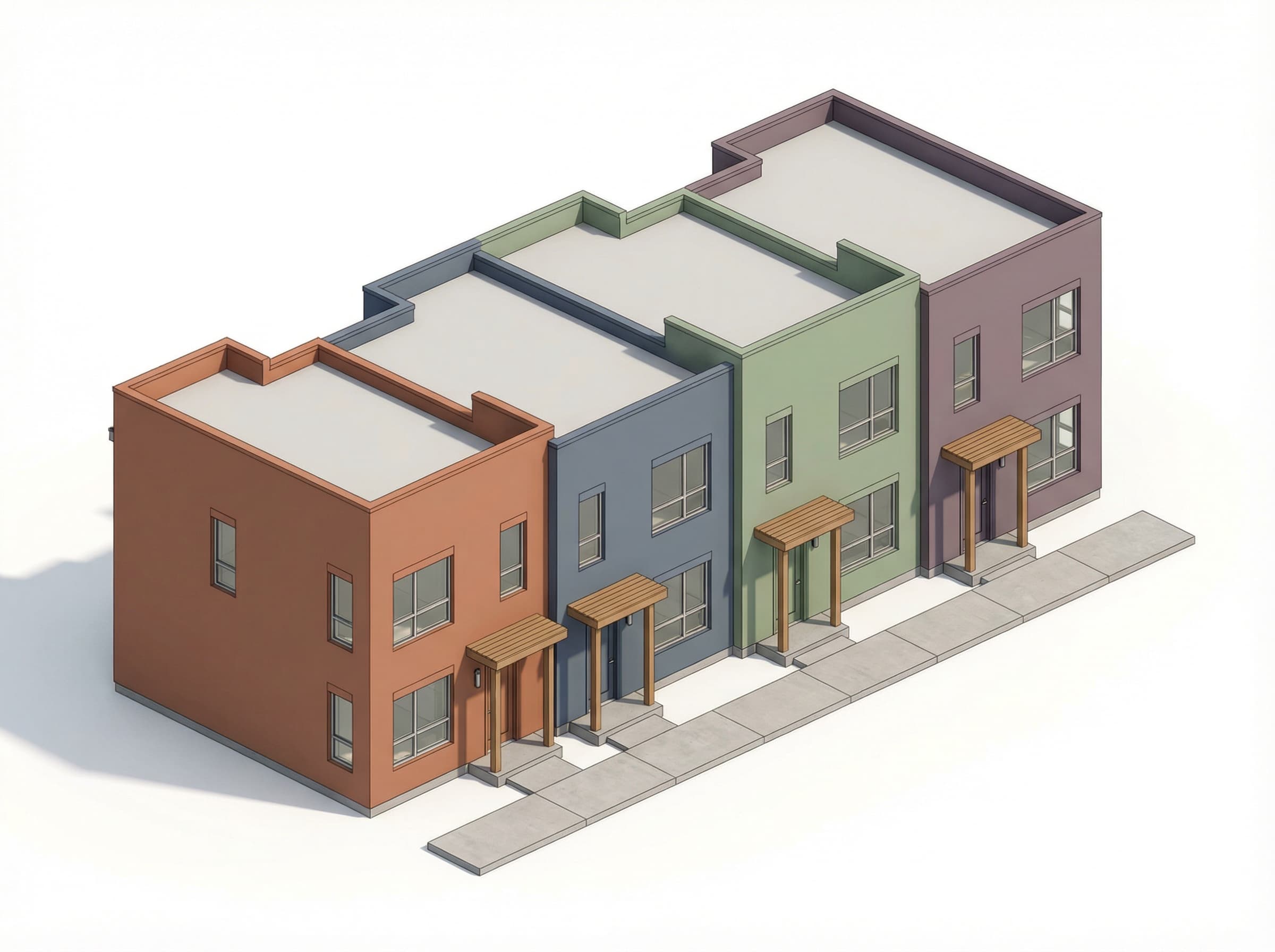 Front elevation of a fourplex: four 2-storey townhouse units side by side in terracotta, blue, green, and purple, each with its own front door