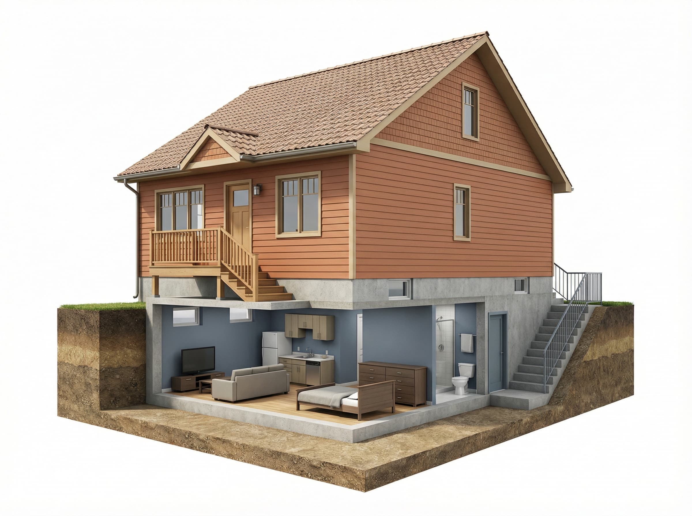 Cross-section of a house with basement secondary suite: main unit above grade in terracotta, basement suite below grade in slate blue with separate side entrance