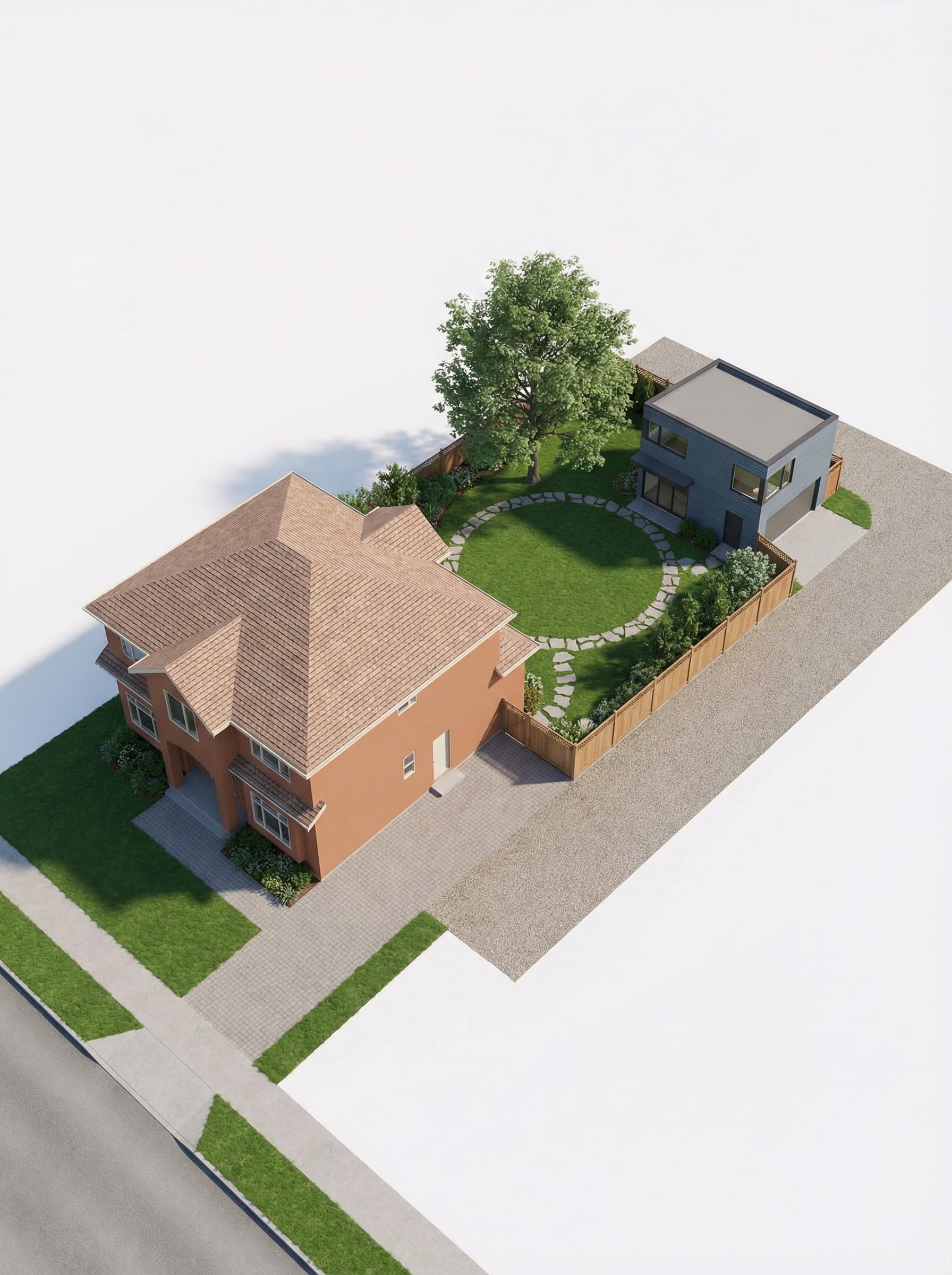 Site plan of a house with laneway unit: main house at front facing street, yard in middle, smaller laneway unit at rear facing lane