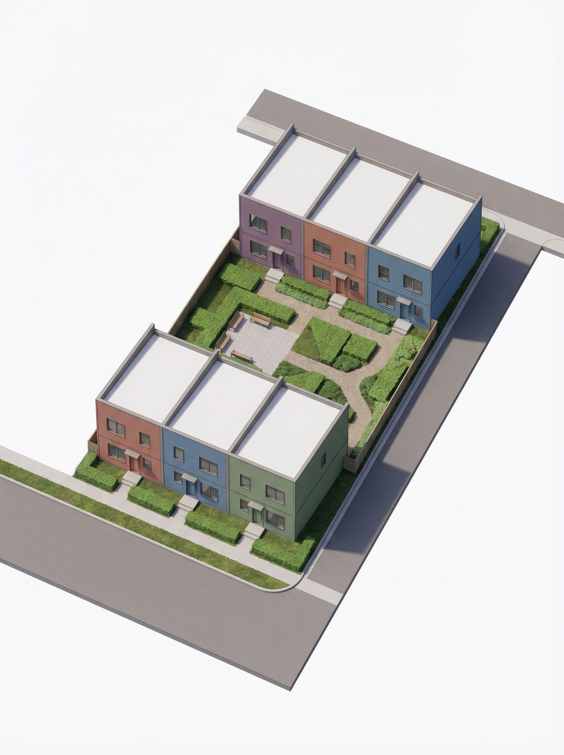 Site plan of a sixplex: two rows of three colour-coded units with a shared courtyard between them, street at top, rear lane at bottom