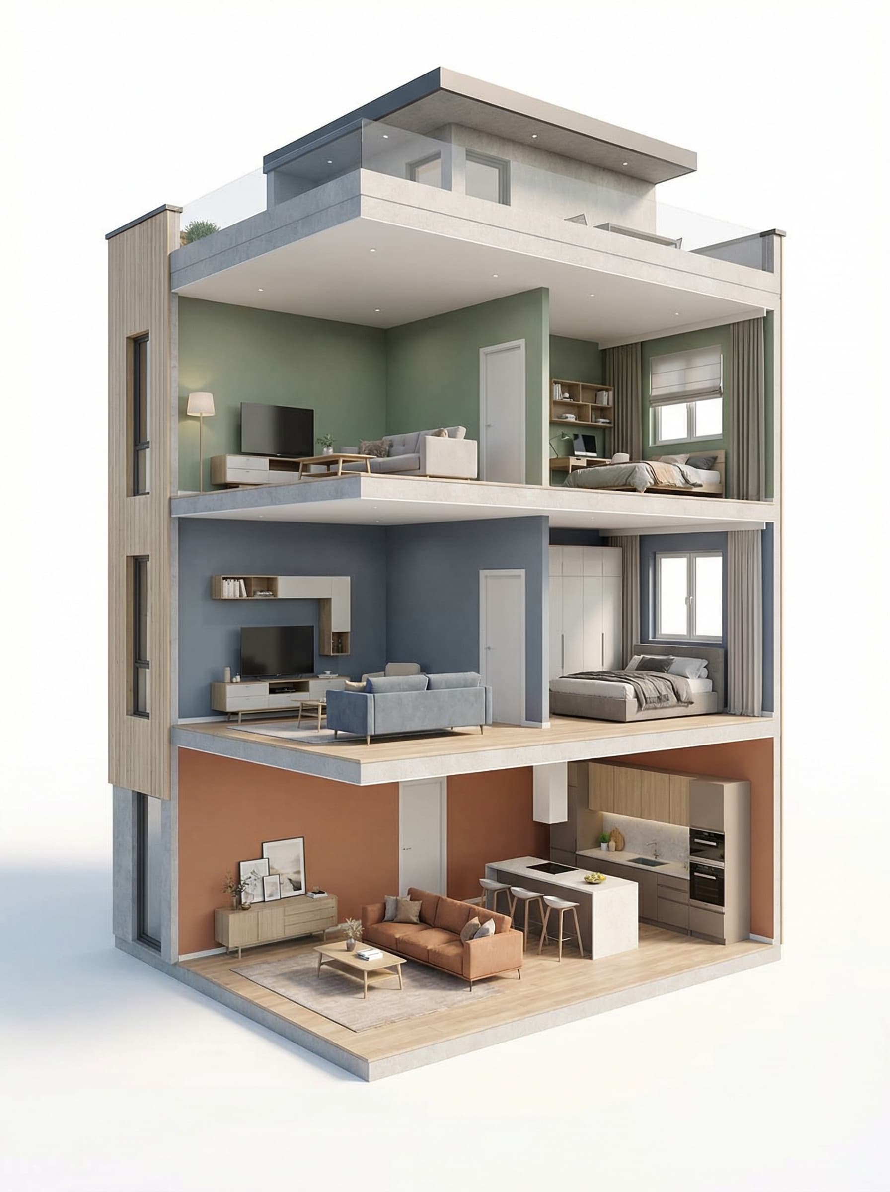 Cross-section of a triplex: three colour-coded floors showing living room, kitchen, bedroom and bathroom on each level