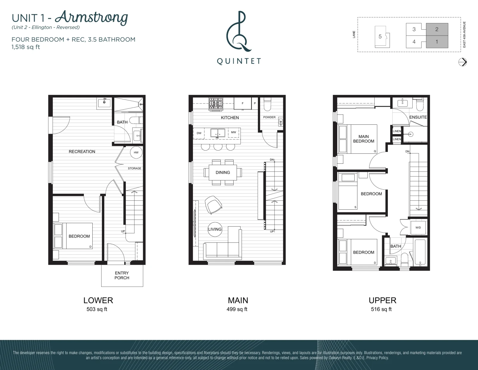 Quintet floor plan, Armstrong and Ellington: 4 bedrooms, 3.5 bathrooms, 1,515 sq ft