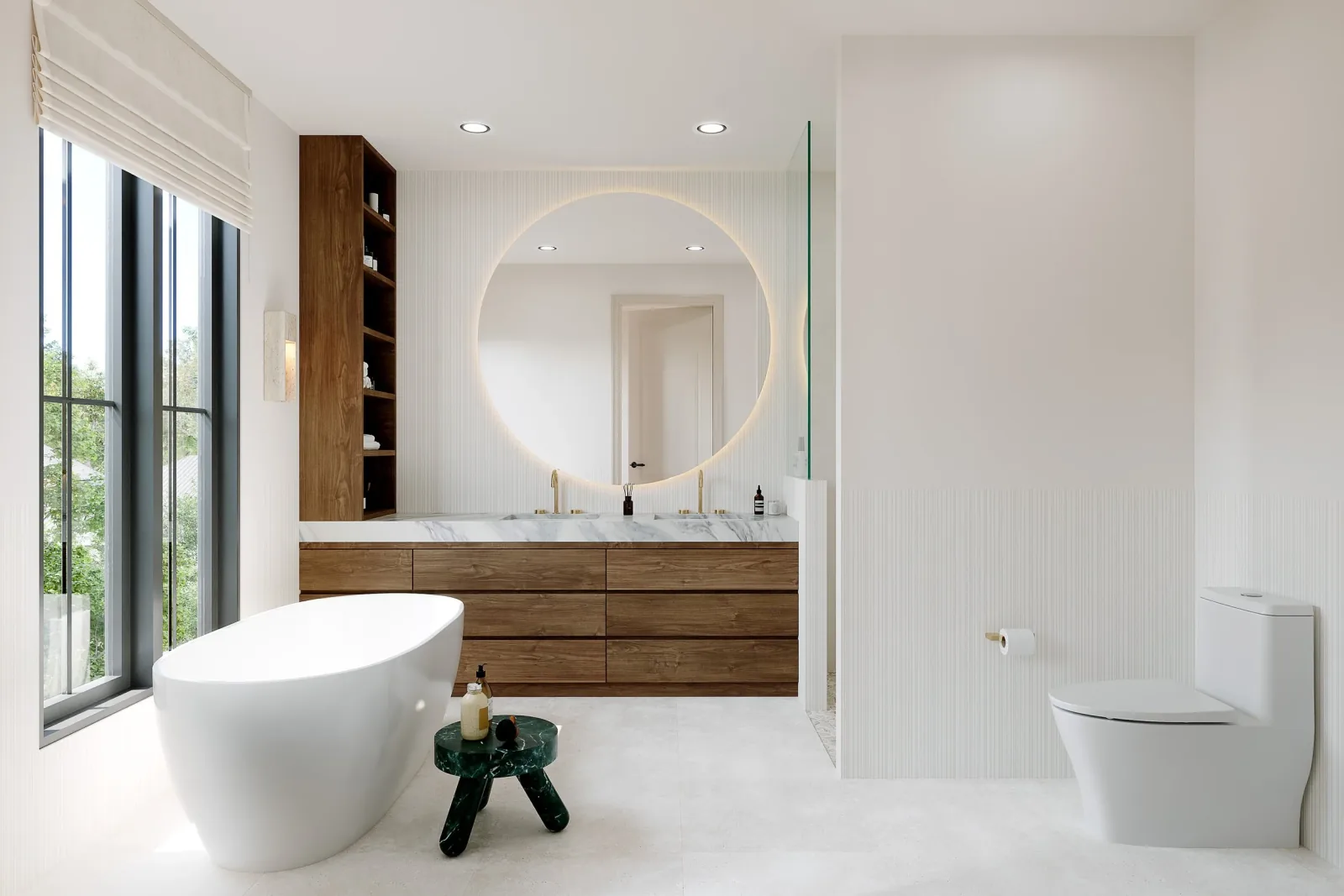 Pine Crescent ensuite bathroom in a soft natural palette