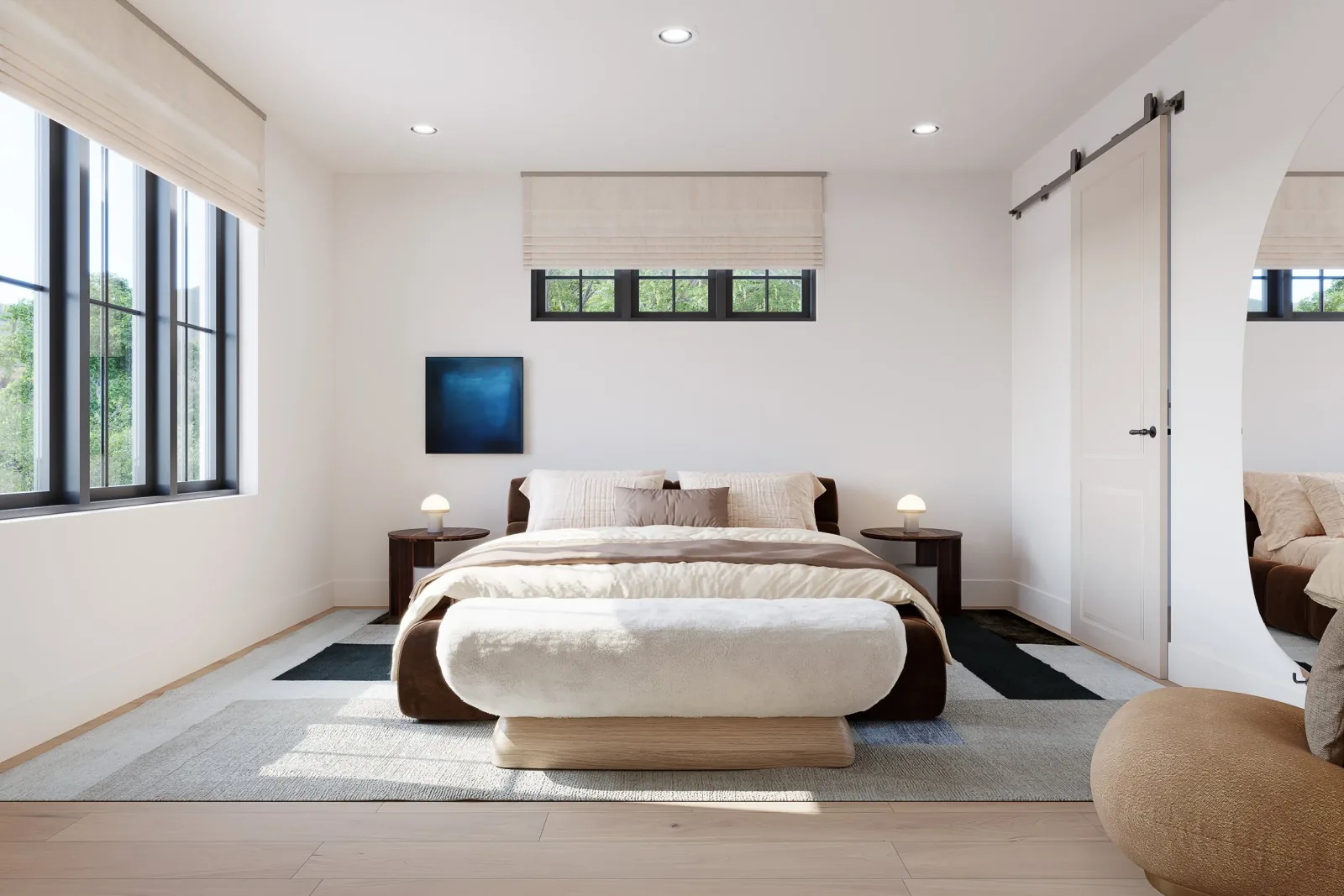 Pine Crescent primary bedroom with wide-plank oak hardwood
