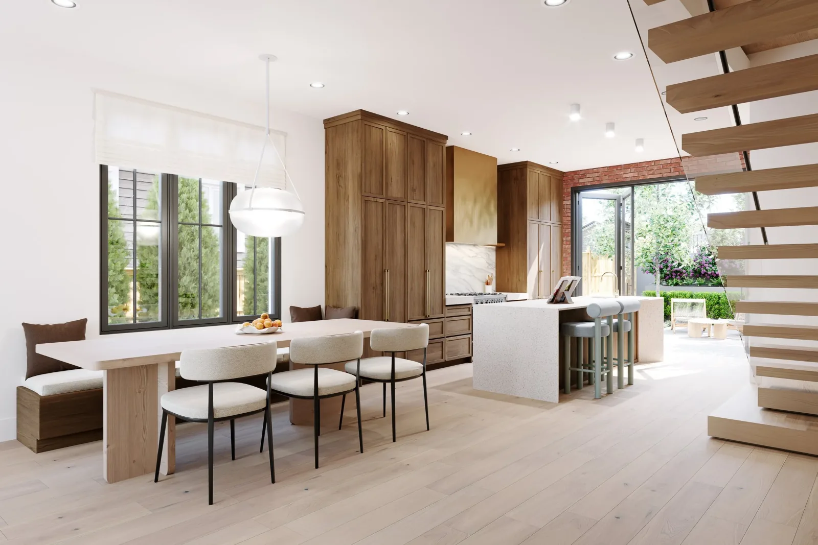 Pine Crescent kitchen with burnished brass hood and bi-fold patio door