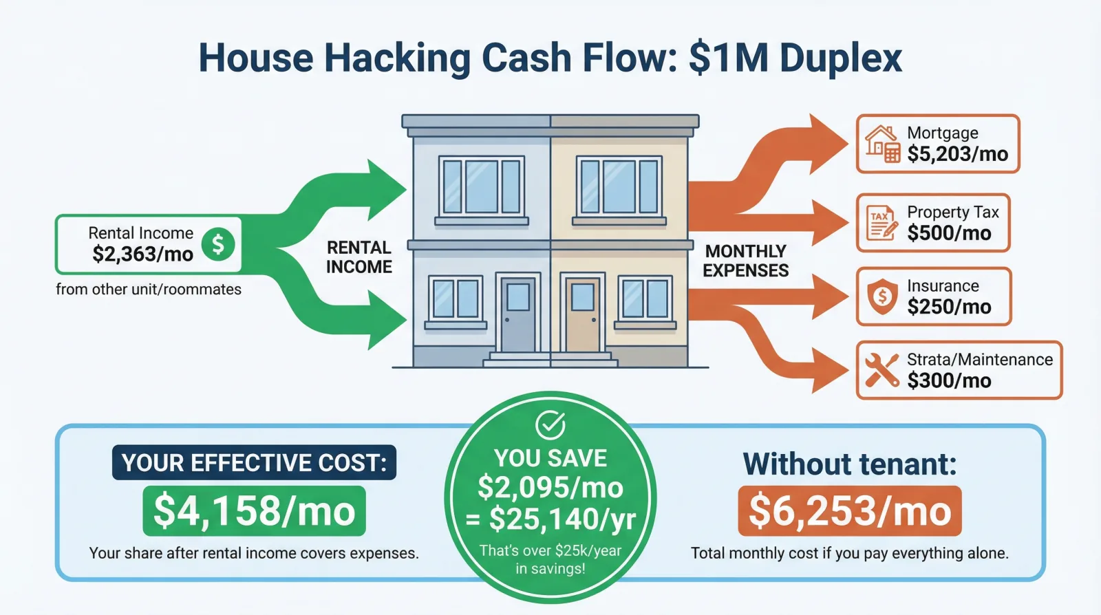 House hacking cash flow diagram showing rental income of $2,363 per month flowing into a duplex against monthly expenses of $6,253, resulting in effective cost of $4,158 per month and $25,140 annual savings