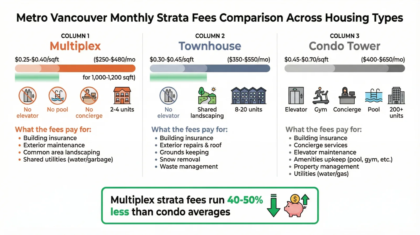 Infographic comparing monthly strata fees across housing types in Metro Vancouver — multiplex at $0.25-$0.40/sqft, townhouse at $0.30-$0.45/sqft, and condo tower at $0.45-$0.70/sqft, showing what each fee covers and that multiplex fees run 40-50% less than condo averages