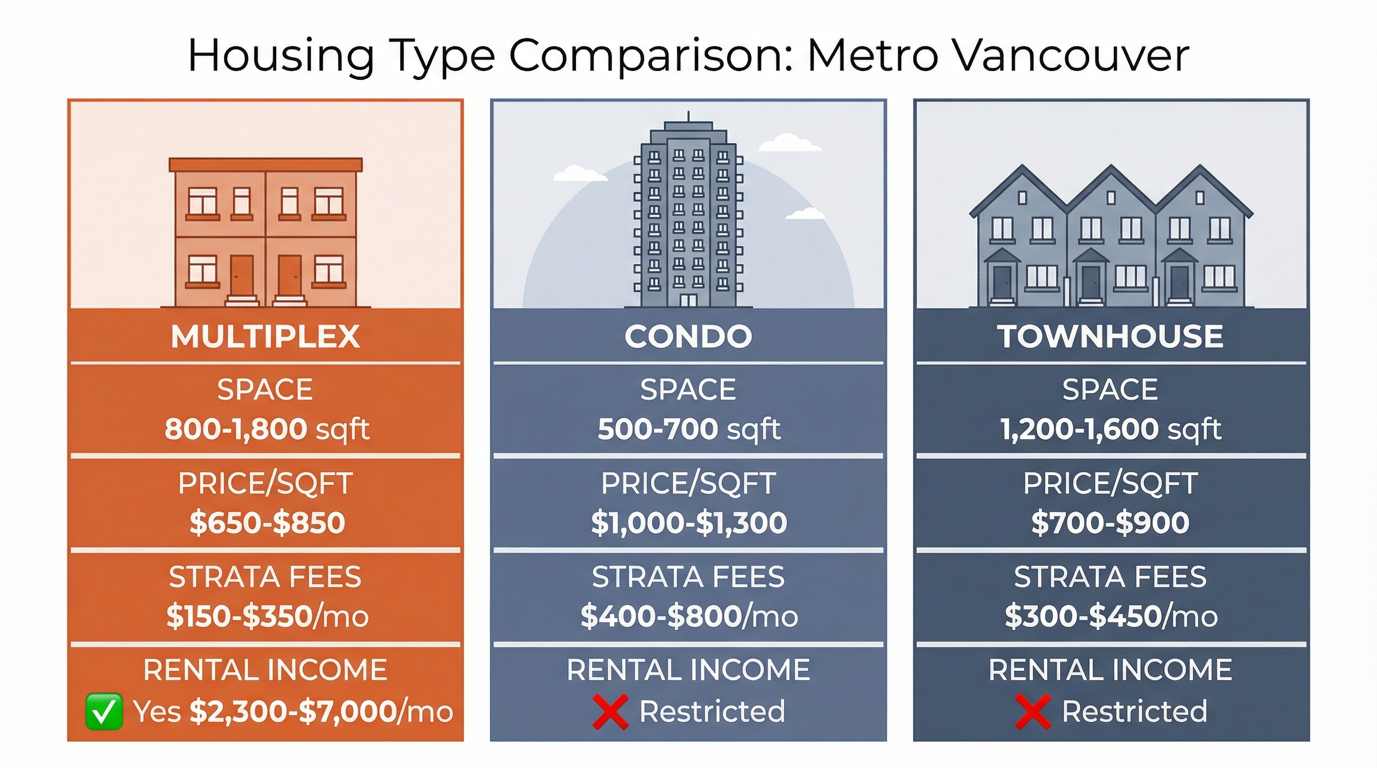 Side-by-side infographic comparing multiplex, condo, and townhouse housing types across space, price per square foot, strata fees, and rental income potential in Metro Vancouver