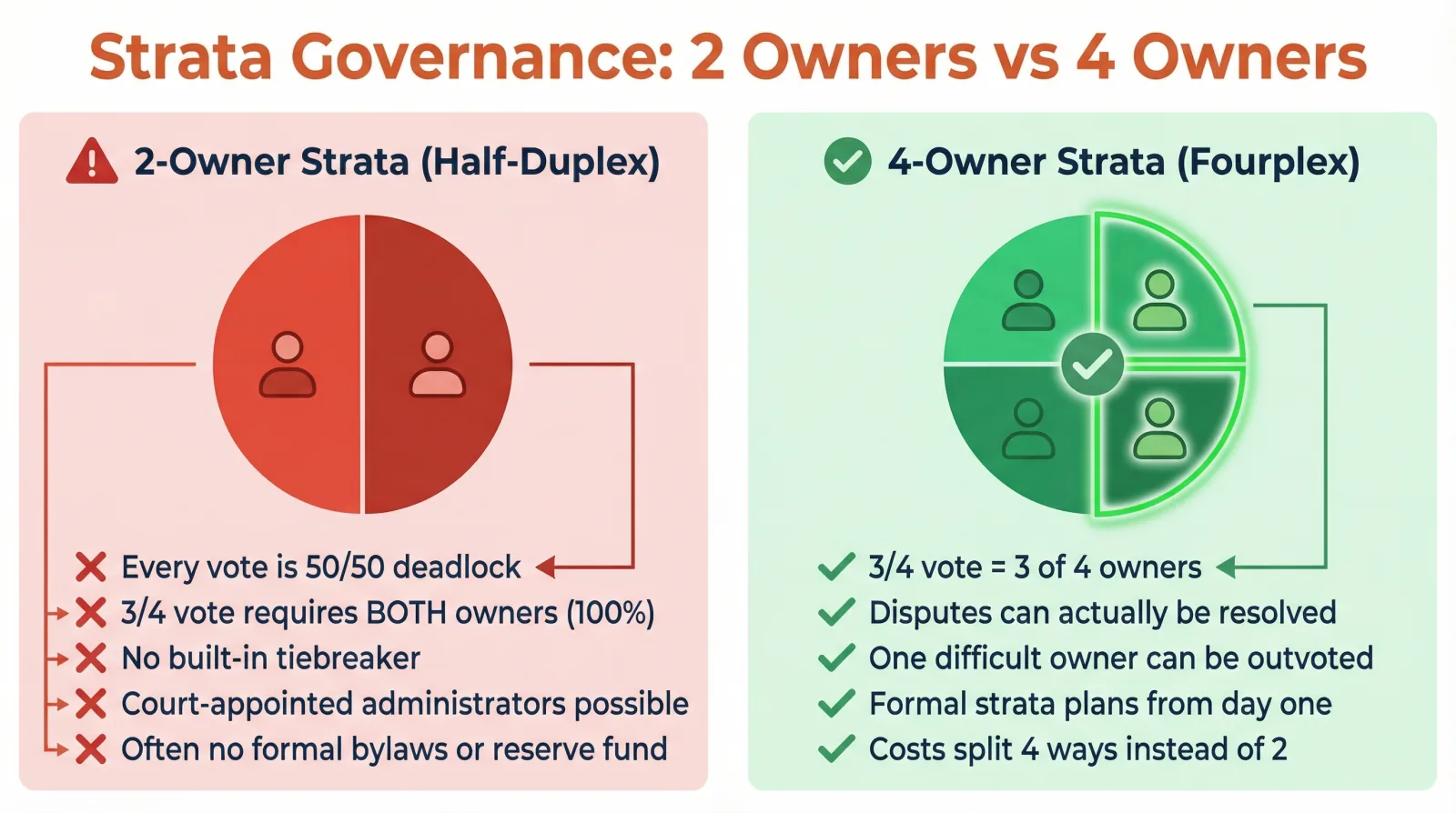 Infographic comparing strata governance: 2-owner half-duplex strata faces 50/50 deadlock risk, requires 100% agreement, and may need court-appointed administrators; 4-owner fourplex strata allows 3/4 majority votes, can outvote difficult owners, and has formal plans from day one