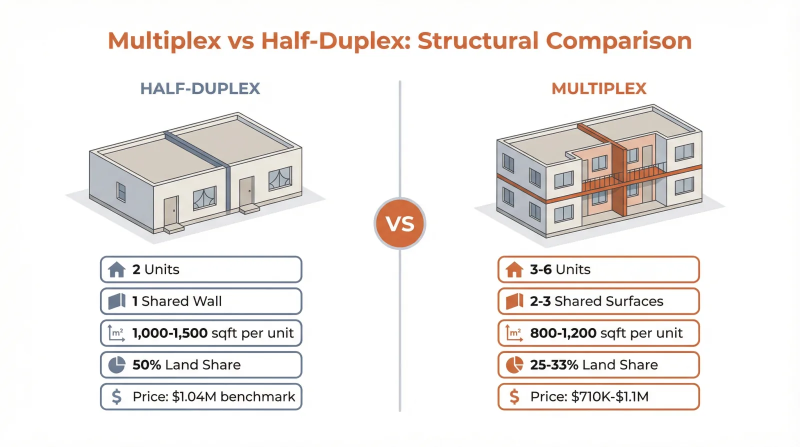 Side-by-side structural comparison of a half-duplex (2 units, 1 shared wall, 1,000-1,500 sqft, 50% land share, $1.04M benchmark) versus a multiplex (3-6 units, 2-3 shared surfaces, 800-1,200 sqft, 25-33% land share, $710K-$1.1M)