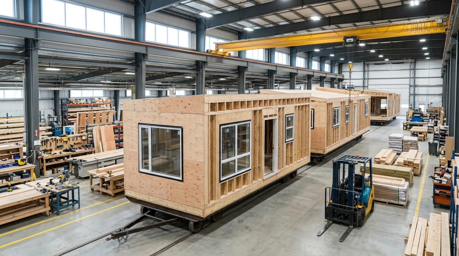 Residential home modules under construction on the floor of a modular home factory in BC