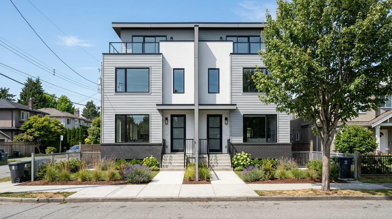 A modern prefab side-by-side duplex with fibre-cement and stucco cladding on a Vancouver lot