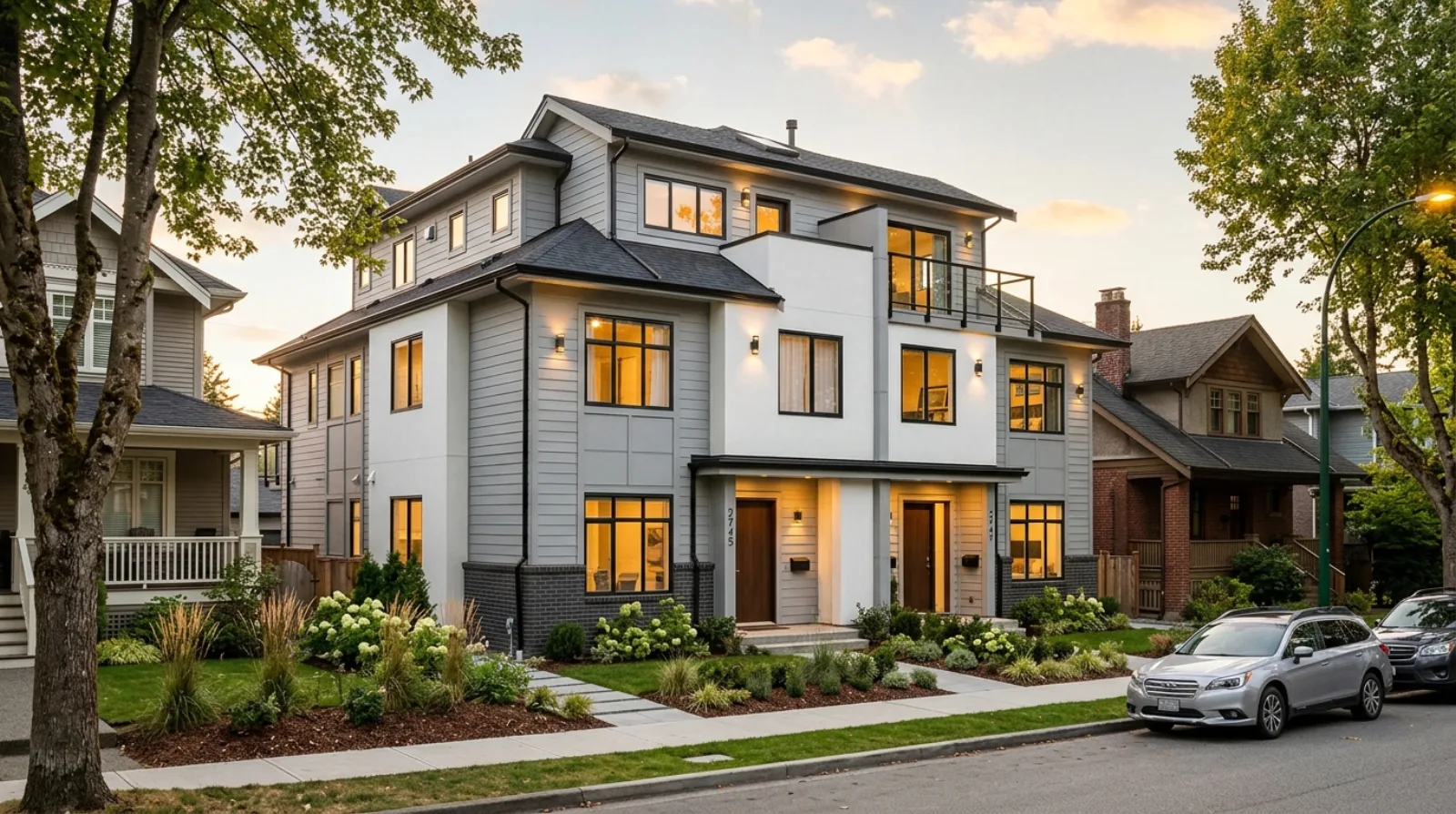 A completed prefab fourplex multiplex with lights on at golden hour on a Vancouver street