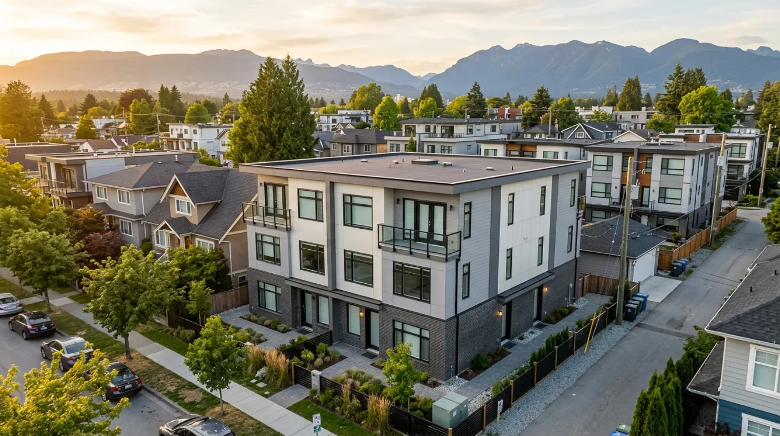 A modern prefab fourplex multiplex seen from above with brick and fibre-cement cladding on a Vancouver lot