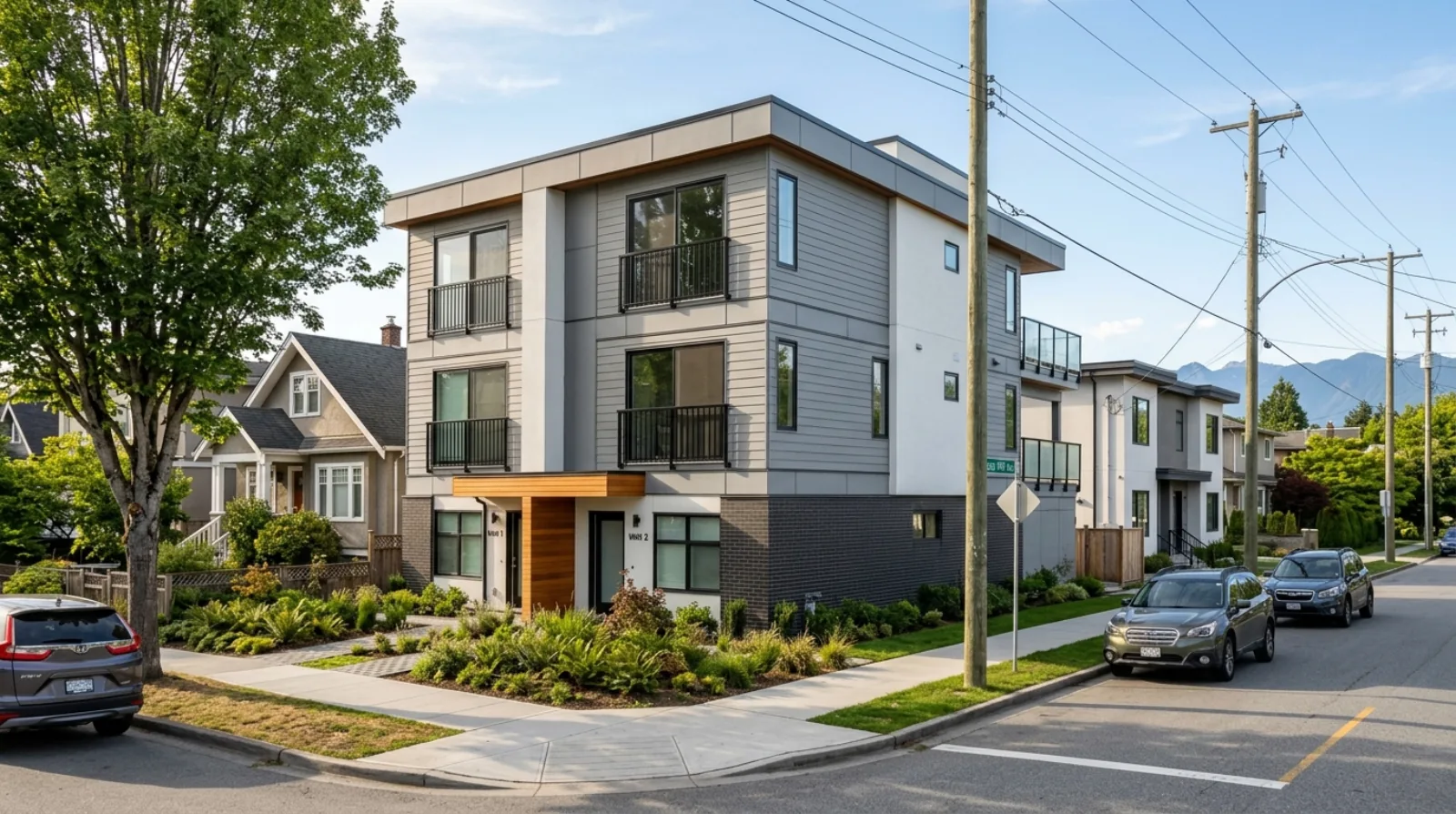 A newly built prefab modular fourplex multiplex on a Vancouver residential street