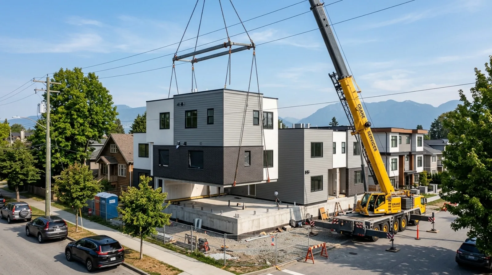 A factory-built home module being lowered by a crane onto a foundation on a Vancouver residential lot