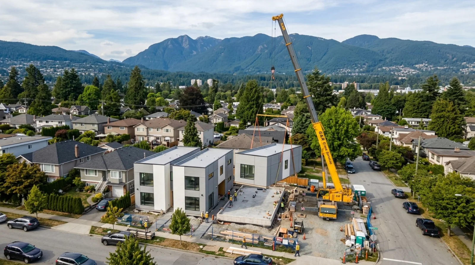 A modular multiplex being installed, with a crane lowering a factory-built module onto the foundation