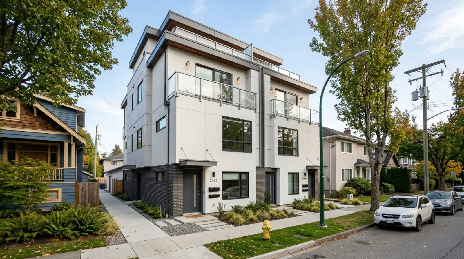 A modern prefab triplex with stucco, brick, and fibre-cement cladding on a Vancouver lot