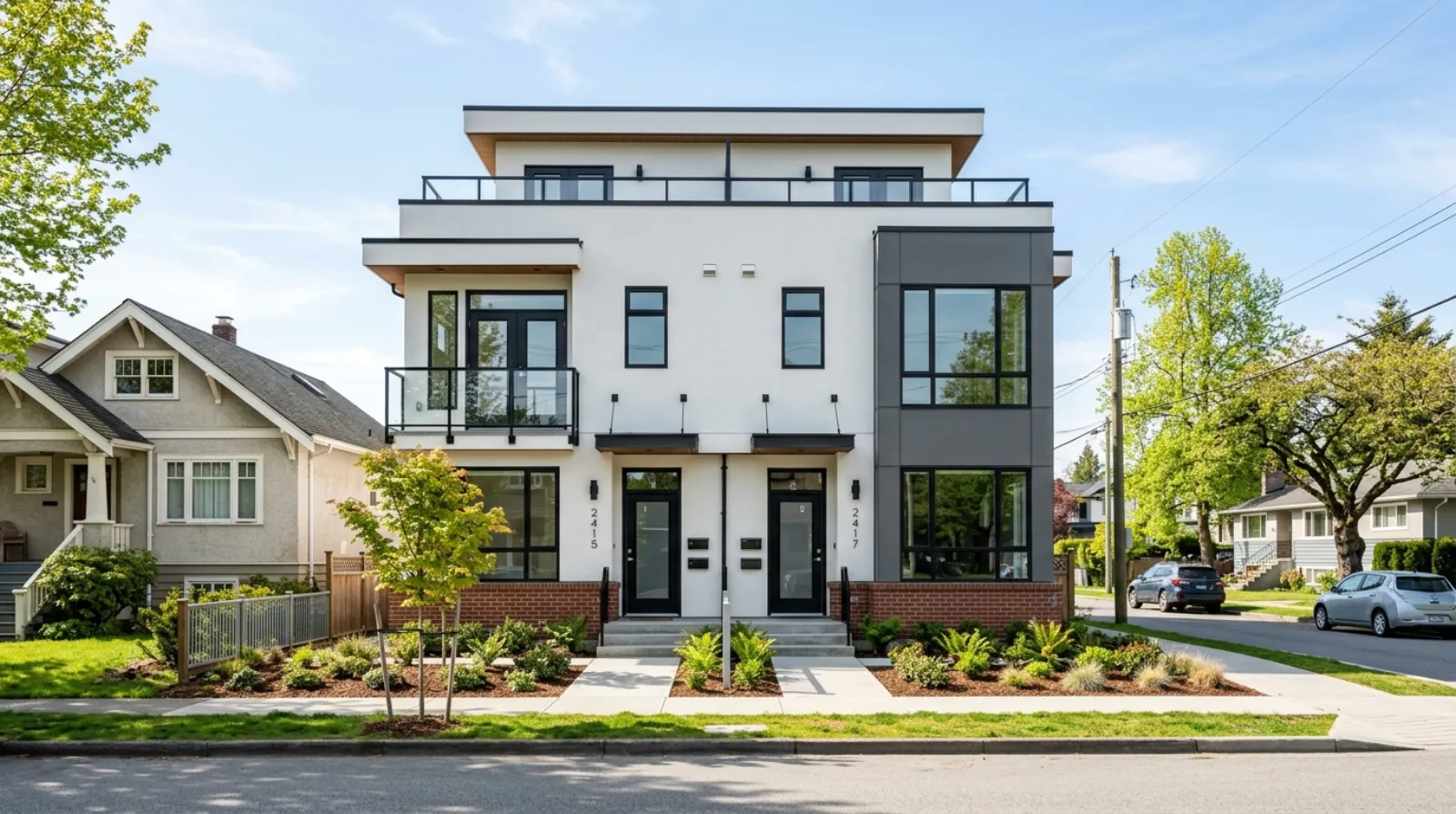A completed modern fourplex multiplex with stucco and brick on a Vancouver residential street