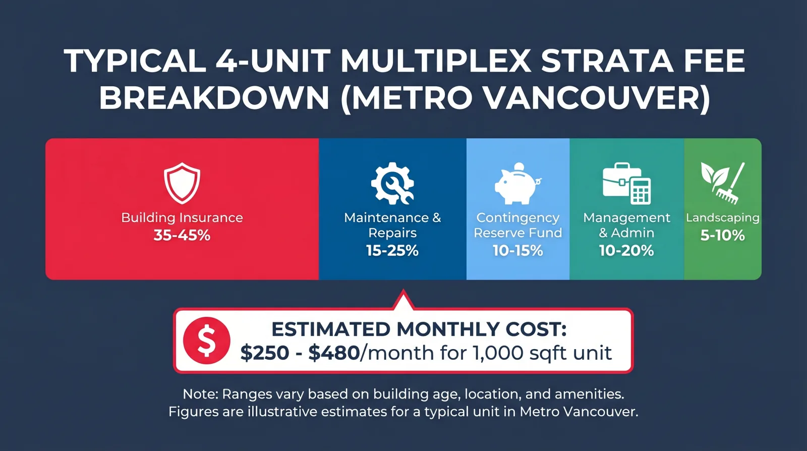 Infographic showing typical 4-unit multiplex strata fee breakdown in Metro Vancouver — Building Insurance 35-45%, Maintenance and Repairs 15-25%, Contingency Reserve Fund 10-15%, Management and Admin 10-20%, Landscaping 5-10%, estimated $250-$480 per month for a 1,000 sqft unit
