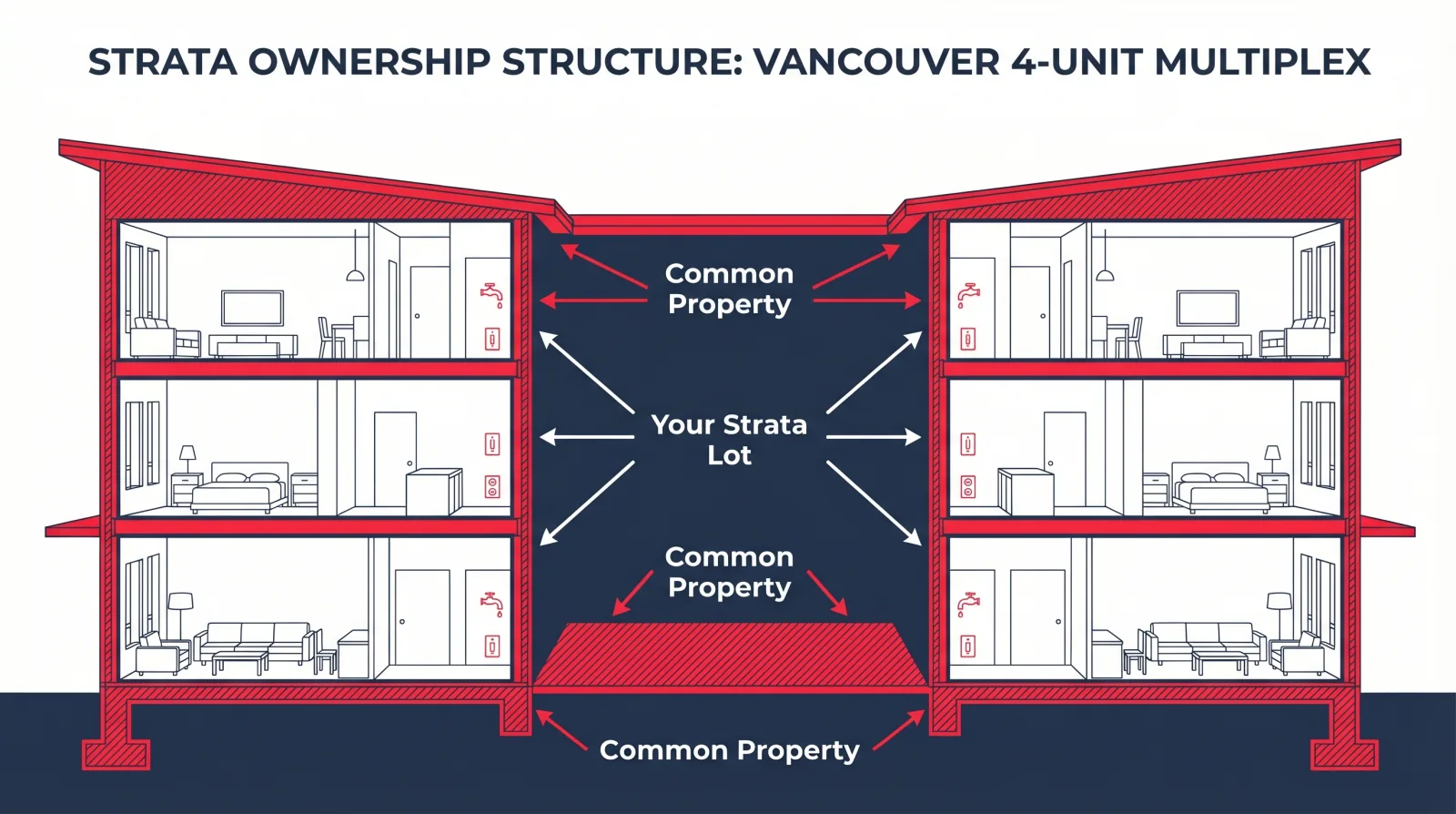 Infographic showing strata ownership structure in a Vancouver 4-unit multiplex — individual strata lots versus common property including roof, exterior walls, foundation, and shared driveway