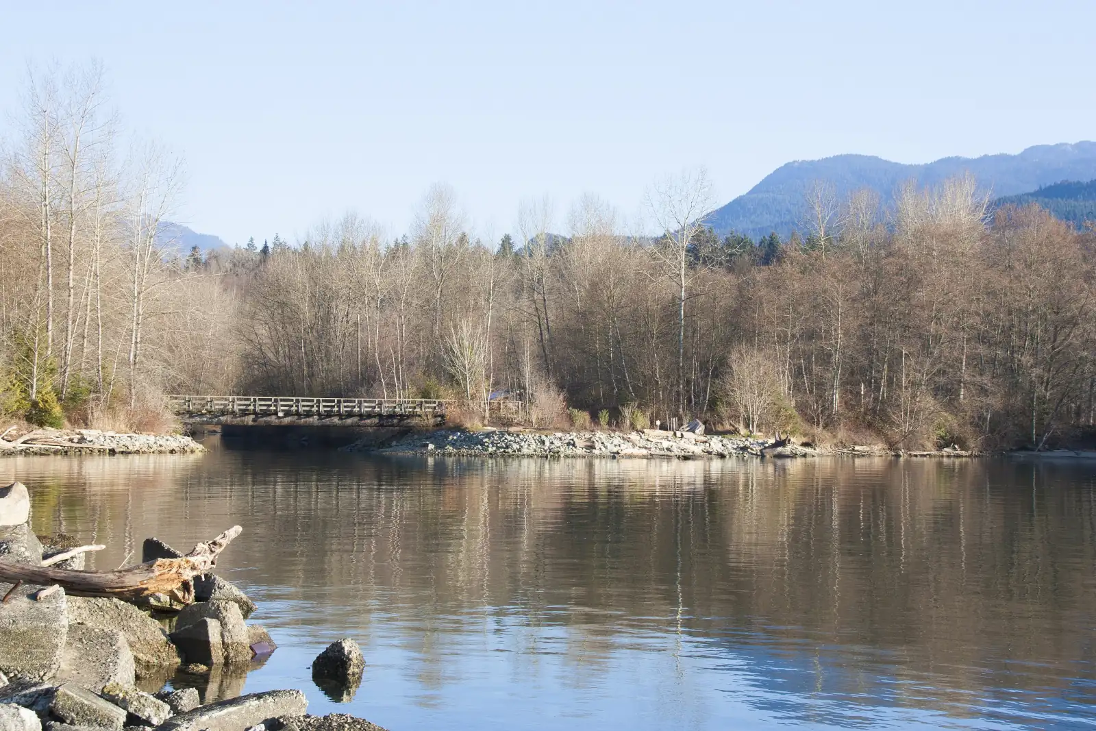 Calm water, a wooden footbridge and leafless trees at the Maplewood conservation area on Burrard Inlet, with forested mountains behind